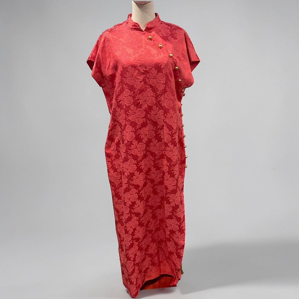 Vintage Coral Pink Damask‎ Cheongsam Qipao Maxi Dress Medium mandarin